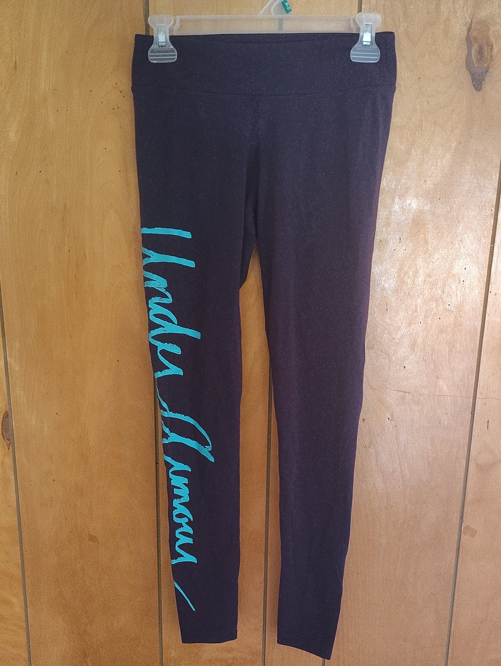 Under Armour Purple Leggings Yoga Exercise Pants with Teal Script Side Accent
